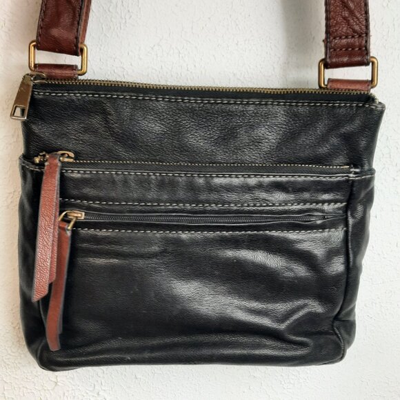 Fossil Corey Crossbody Bag Black Leather Brown Adj Strap Triple Zip 9"x10" - Picture 1 of 9
